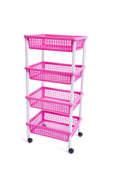 Prateleira de rack bin rosa com rodas isoladas em branco — Fotografia de Stock