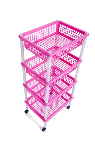 Prateleira de rack bin rosa com rodas isoladas em branco — Fotografia de Stock