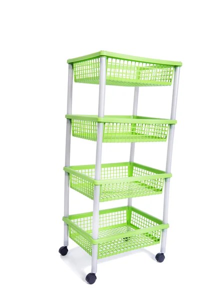 Green bin rack shelf with wheels isolated on white — Stock Photo, Image