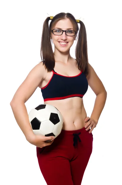 Kvinna med fotboll isolerad på vit — Stockfoto