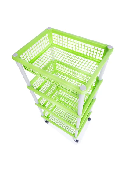 Green bin rack shelf with wheels isolated on white — Stock Photo, Image