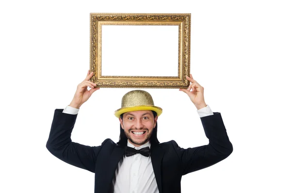 Homem com quadro de imagem isolado no branco — Fotografia de Stock