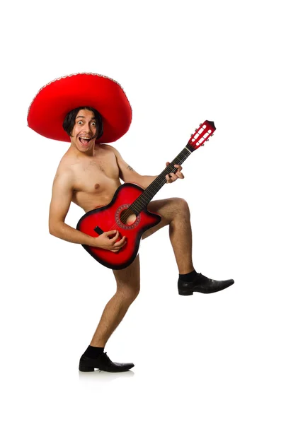 Nude man with sombrero playing guitar on white — Stock Photo, Image