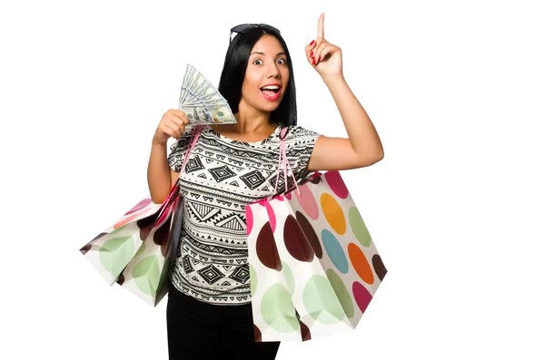 Donna con shopping bags isolata su bianco — Foto Stock