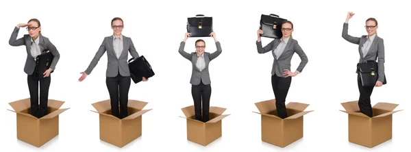 Composite image of woman with boxes on white — Stock Photo, Image