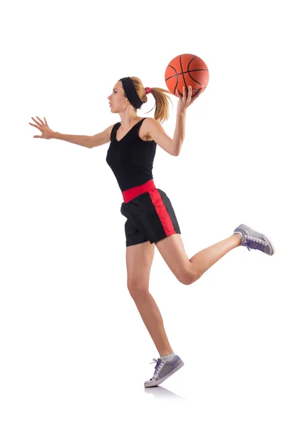 흰색으로 고립 된 채 농구를 하고 있는 여자 — 스톡 사진