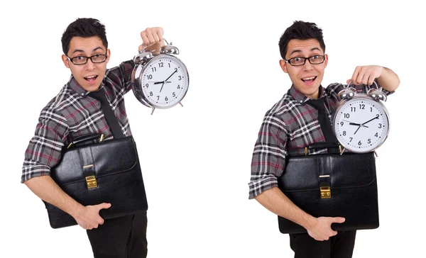 Jeune homme avec horloge isolé sur blanc — Photo