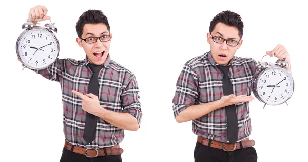 Joven con reloj aislado en blanco —  Fotos de Stock