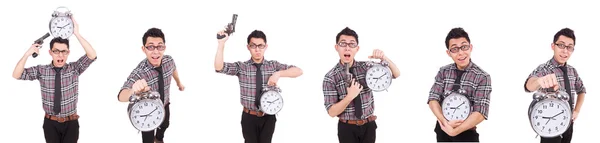 Junger Mann mit Uhr isoliert auf weiß — Stockfoto