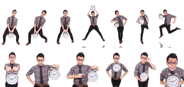 Jeune homme avec horloge isolé sur blanc — Photo