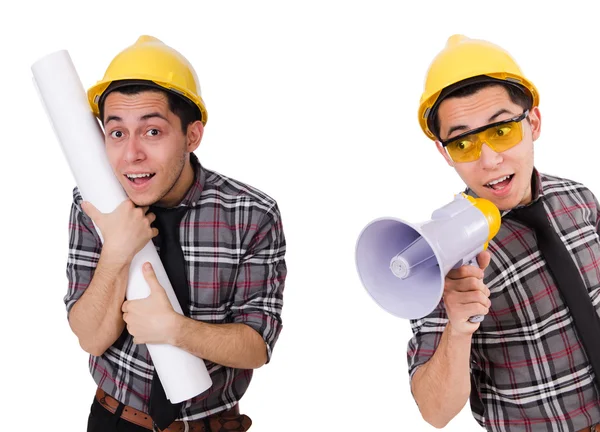 Homme drôle avec des plans sur blanc — Photo