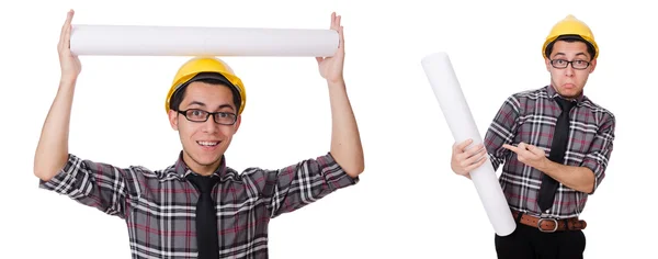 Funny man with blueprints on white — Stock Photo, Image