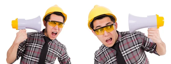 Young construction worker with loudspeaker isolated on white — Stock Photo, Image