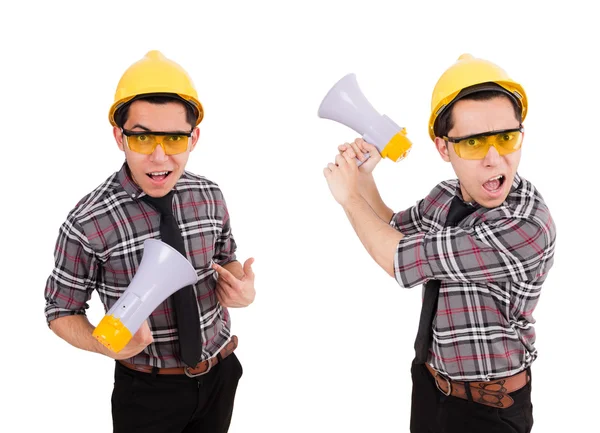 Young construction worker with loudspeaker isolated on white — Stock Photo, Image