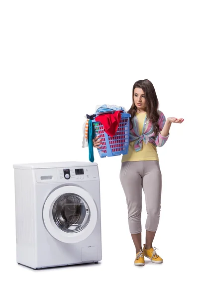 女性が洗濯をする白で隔離後疲れています。 — ストック写真