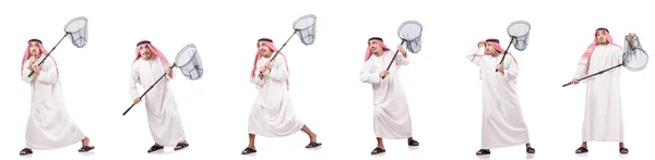 Arabisk man med fångst nät isolerad på vitt — Stockfoto