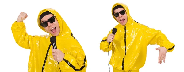 Funny performer con micrófono aislado en el blanco — Foto de Stock