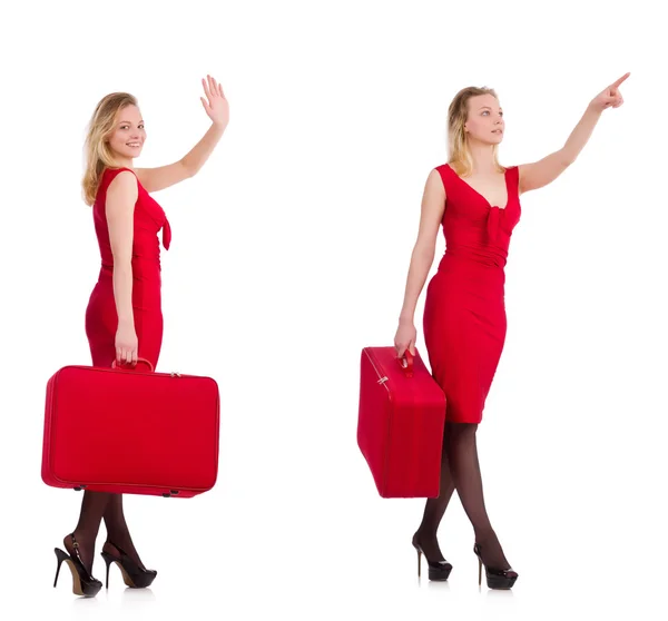 Travelling woman with suitcase isolated on white — Stock Photo, Image