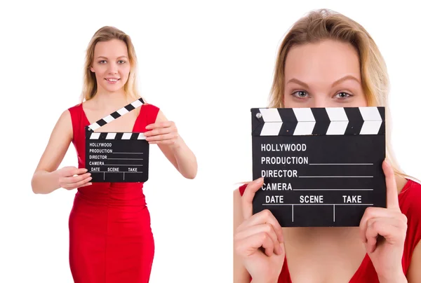 Červené šaty dívka drží clapboard izolované na bílé — Stock fotografie