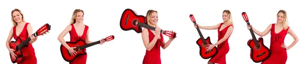 Güzel kız beyaz izole gitar holding — Stok fotoğraf