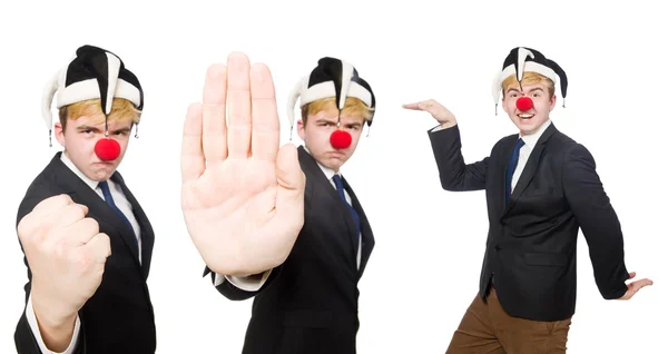 Collage de payaso hombre de negocios aislado en blanco — Foto de Stock