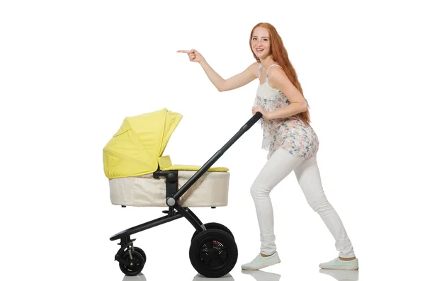 Woman with baby and pram isolated on white — Stock Photo, Image