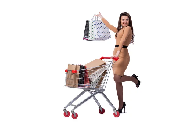 Donna felice dopo un buon shopping isolato su bianco — Foto Stock