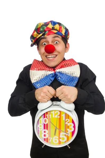 Grappige clown met klok dat geïsoleerd op wit — Stockfoto