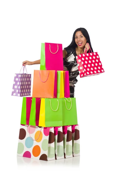 Mujer con bolsas aisladas en blanco — Foto de Stock