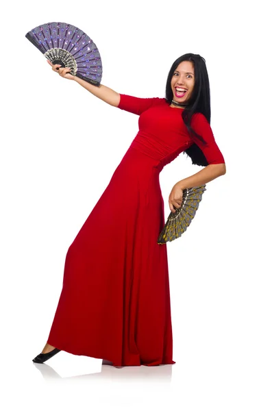 Femme en robe rouge avec ventilateur isolé sur blanc — Photo