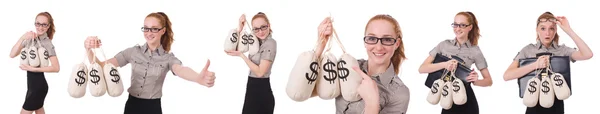 Collage of young businesswoman with money sacks on white — Stock Photo, Image