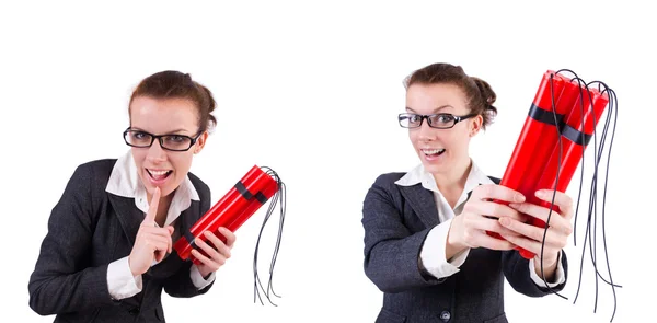 Woman businesswoman with dynamite stick — Stock Photo, Image