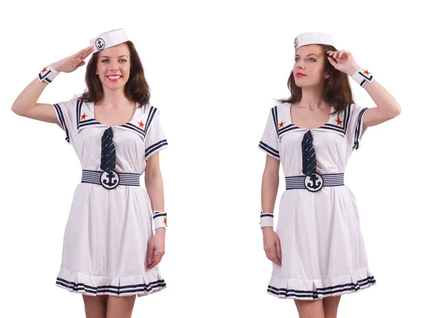 Kvinna som bär sjöman kostym isolerad på vit — Stockfoto