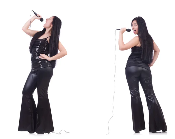Žena zpívá karaoke klubu v různých pózách — Stock fotografie