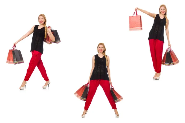 Ensemble de femme avec sacs à provisions sur blanc — Photo