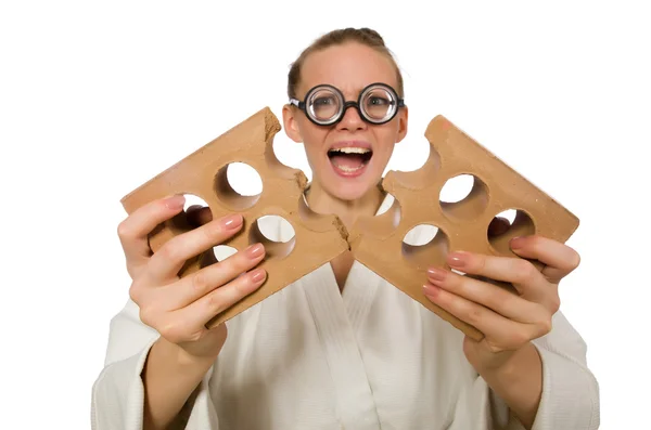 Funny woman in kimono with brick on white — Stock Photo, Image