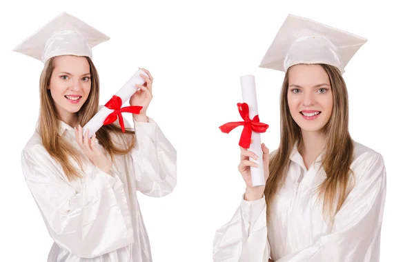 Kvinna student isolerad på vit bakgrund — Stockfoto