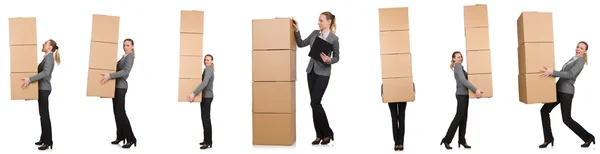 Kompositbild einer Frau mit Schachteln auf Weiß — Stockfoto
