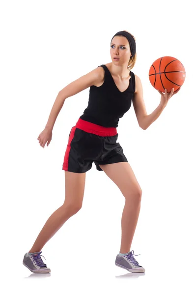 Mulher jogando basquete isolado no branco — Fotografia de Stock