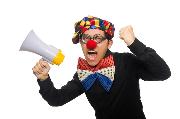 Clown with loudspeaker isolated on white — Stock Photo, Image