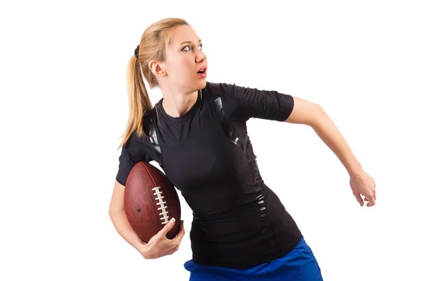 Frau mit American Football isoliert auf weiß — Stockfoto