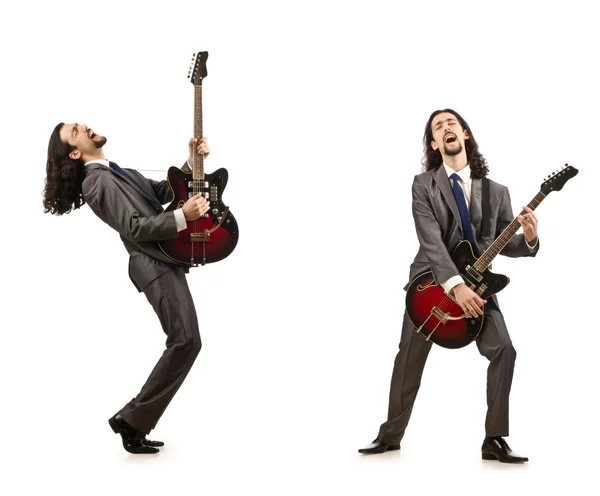 Funny guitar player isolated on white — Stock Photo, Image