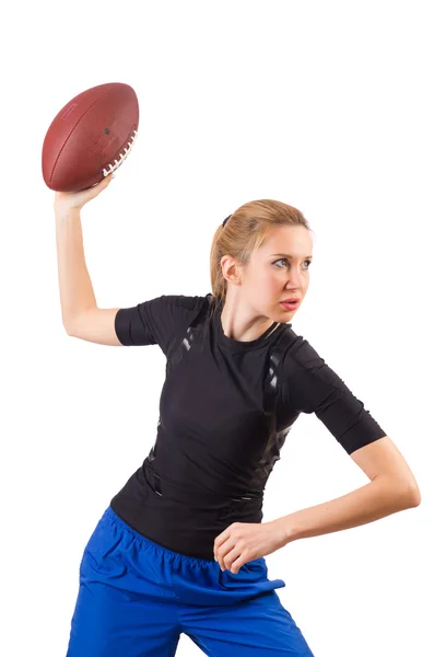 Mujer con fútbol americano aislado en blanco — Foto de Stock