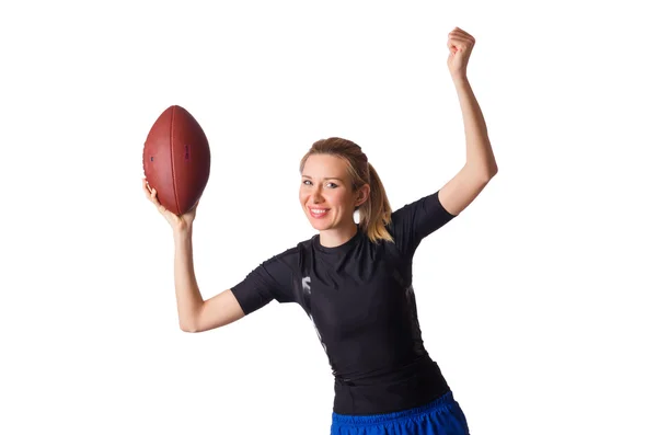 Frau mit American Football isoliert auf weiß — Stockfoto