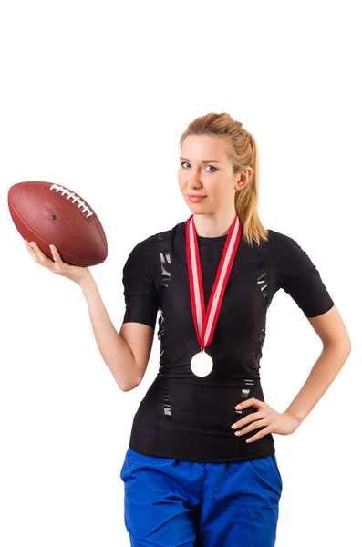 Frau mit American Football isoliert auf weiß — Stockfoto
