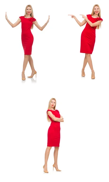 白い服で隔離された赤いドレスの女性 — ストック写真