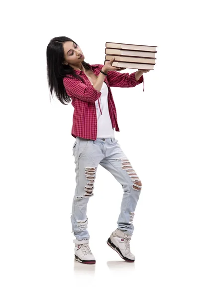 Jeune étudiante avec des livres isolés sur blanc — Photo