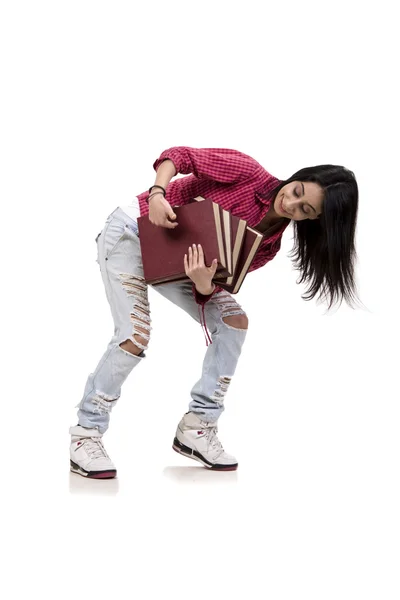 Vrouwelijke jonge student met boeken geïsoleerd op wit — Stockfoto