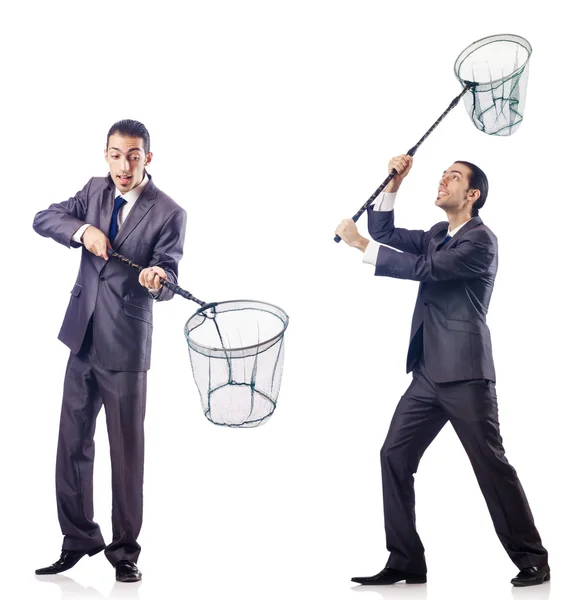 Colage of businessman with catching net on white — Stock Photo, Image