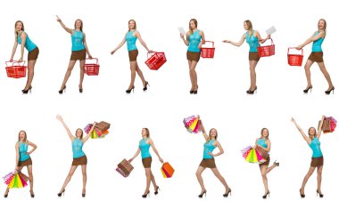 Alışveriş sepetli bir kadının birleşik fotoğrafı.